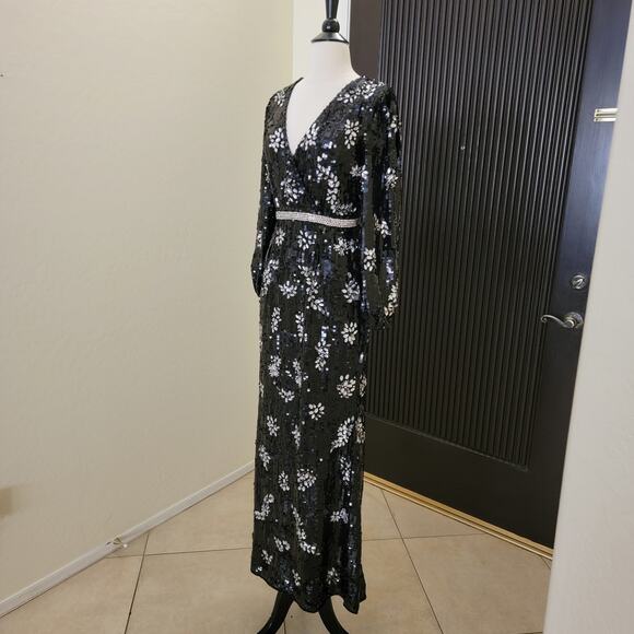 Mac Duggal 93616 Black Embellished Sequin Long Sleeve V Evening Gown Dress 4 - Picture 5 of 13